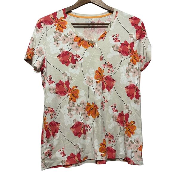 Croft & Barrow Floral V Neck T-Shirt Classic Tee Top Women's Large - Picture 1 of 4